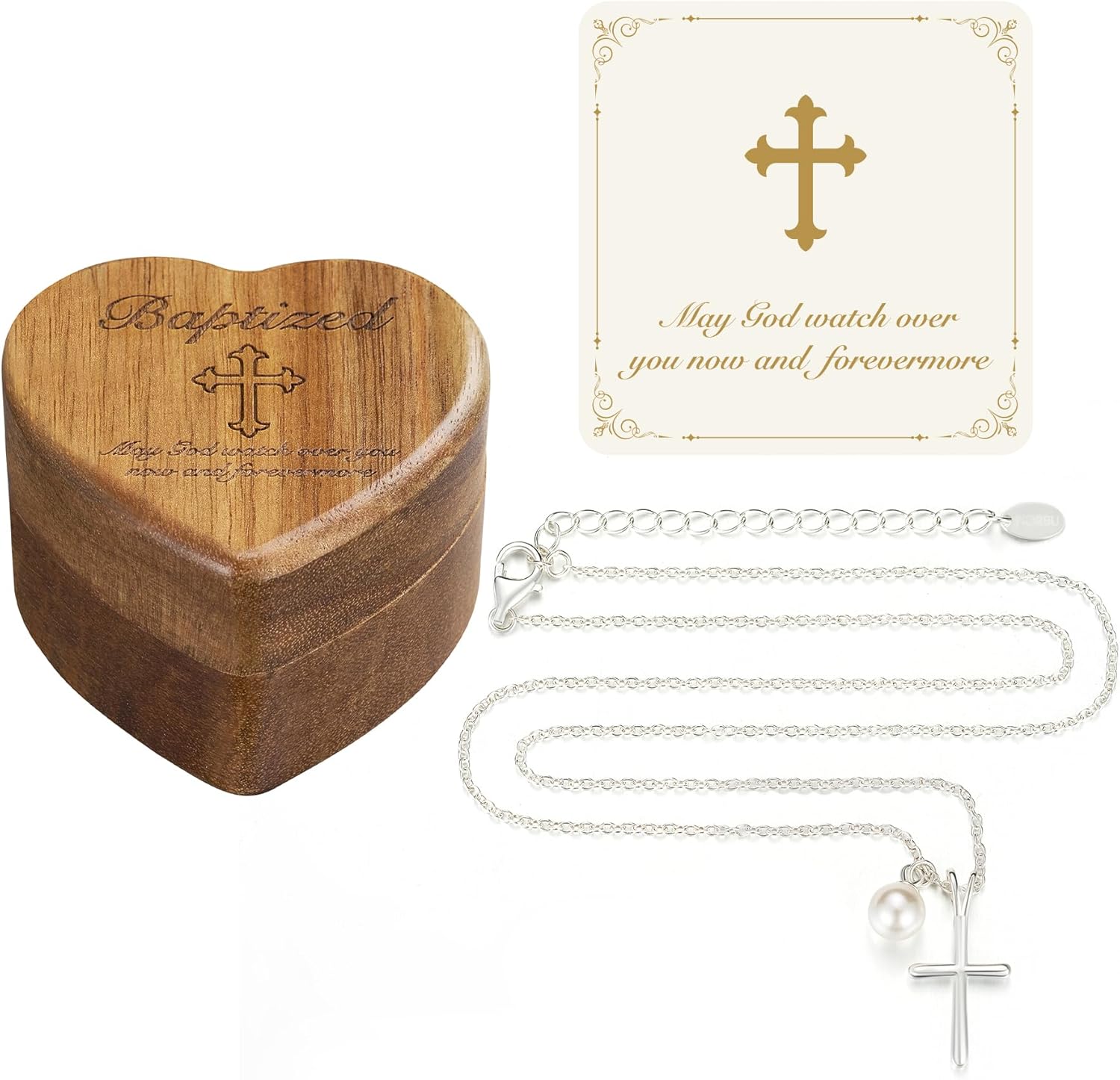 NORBU S925 Cross Necklace for Girls with Pearl, Sterling Silver Girls Cross Necklace Baptism Gifts with Heart Keepsake Box, First Communion & Baby Dedication Gifts for Newborn Easter Gift