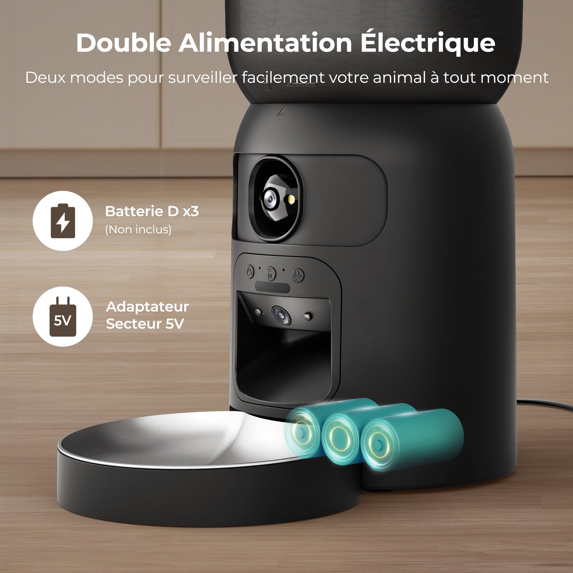 Distributeur Croquettes Chat Automatique, WiFi Caméra, Bol Inoxydable, Programmable & Portionnée, Batterie de Secour - PF4 Noir - Vision Suivi, Mode de Repas Lent