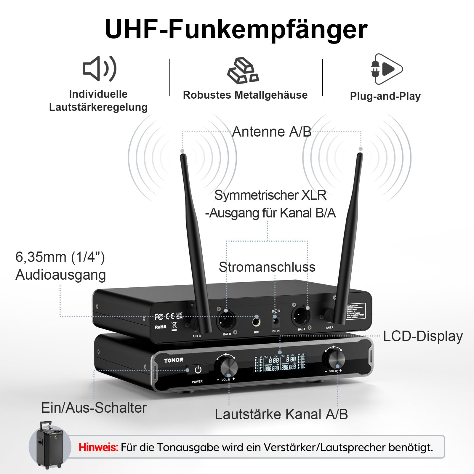 TONOR Dual Mikrofon Kabellos System, Funkmikrofon drahtloses Karaoke Mikro Set 60 m Reichweite TW450 Grau-Red