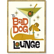 Large Gold Framed Bad Dog Lounge Vintage Bar Poster Mid Century Modern Cocktail Canvas Wall Art Funny Canine Cartoon Artwork Cute Animal Painting Prints for Home Man Cave Kitchen Decor 24x36inch