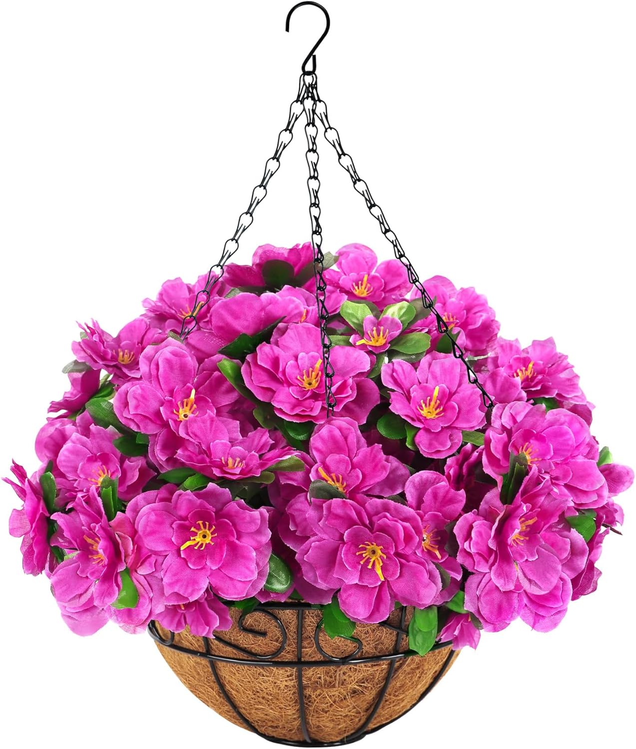 Ouddy Decor Artificial Hanging Flowers with Basket, Silk Azalea Flowers in Coconut Basket, Fake Hanging Plants Artificial Decor for Outdoor Indoor Yard Garden Patio Home Room Porch Decor (Fuchsia)