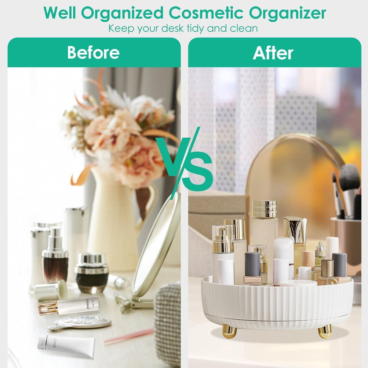 360 Rotating Makeup Organizer, Modern Acrylic Round Organizer for Cosmetics, White