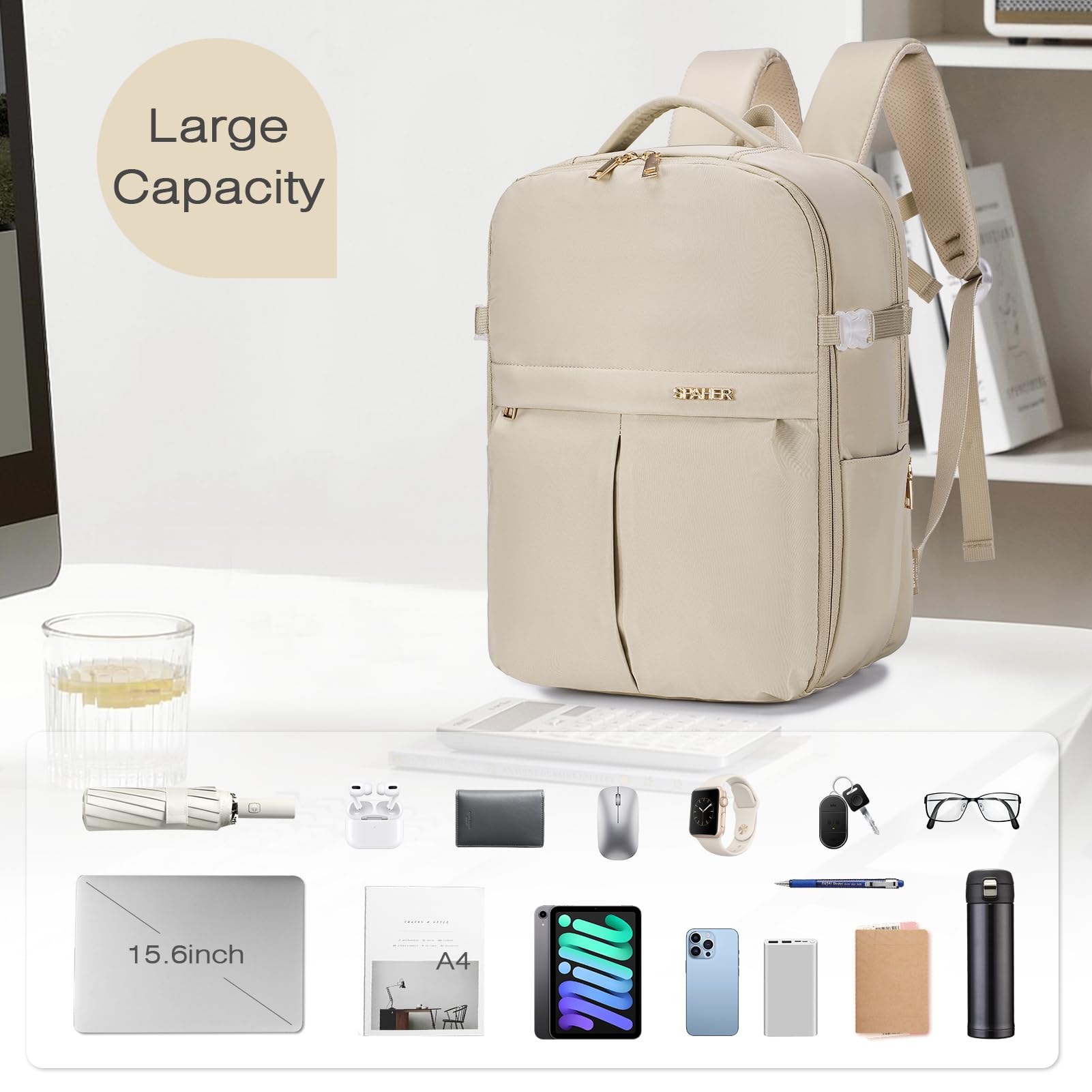 SPAHER Bagaglio a Mano 40x30x20 Wizzair Vueling Zaino Porta PC 15.6 Pollici Zaino da Viaggio Aereo Borse da Cabina per Easyjet Borsa Zainetto Lavoro Impermeabile per Scuola Trekking Lavoro 25L Beige