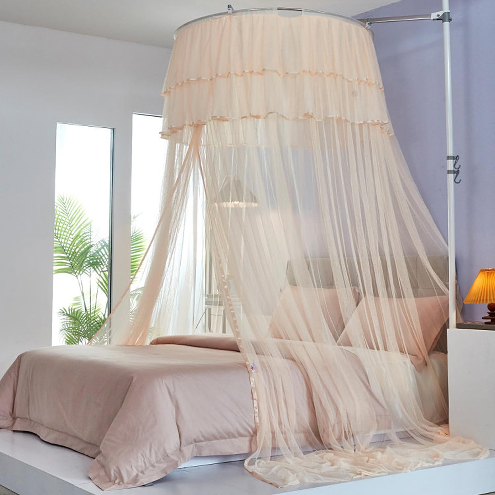 MESCXTY Dreamy Bed Canopy for Girls, Princess Curtains Sheer Mesh, Round Dome Mosquito Netting Twin Full Queen King Bed, Pink