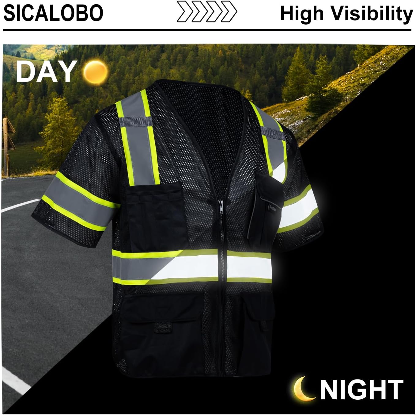 Men's High Visibility Safety Mesh Vest with 10 Pockets,Hi Vis Class 3 Reflective Work Vests Zipper Front Workwear - Image 4