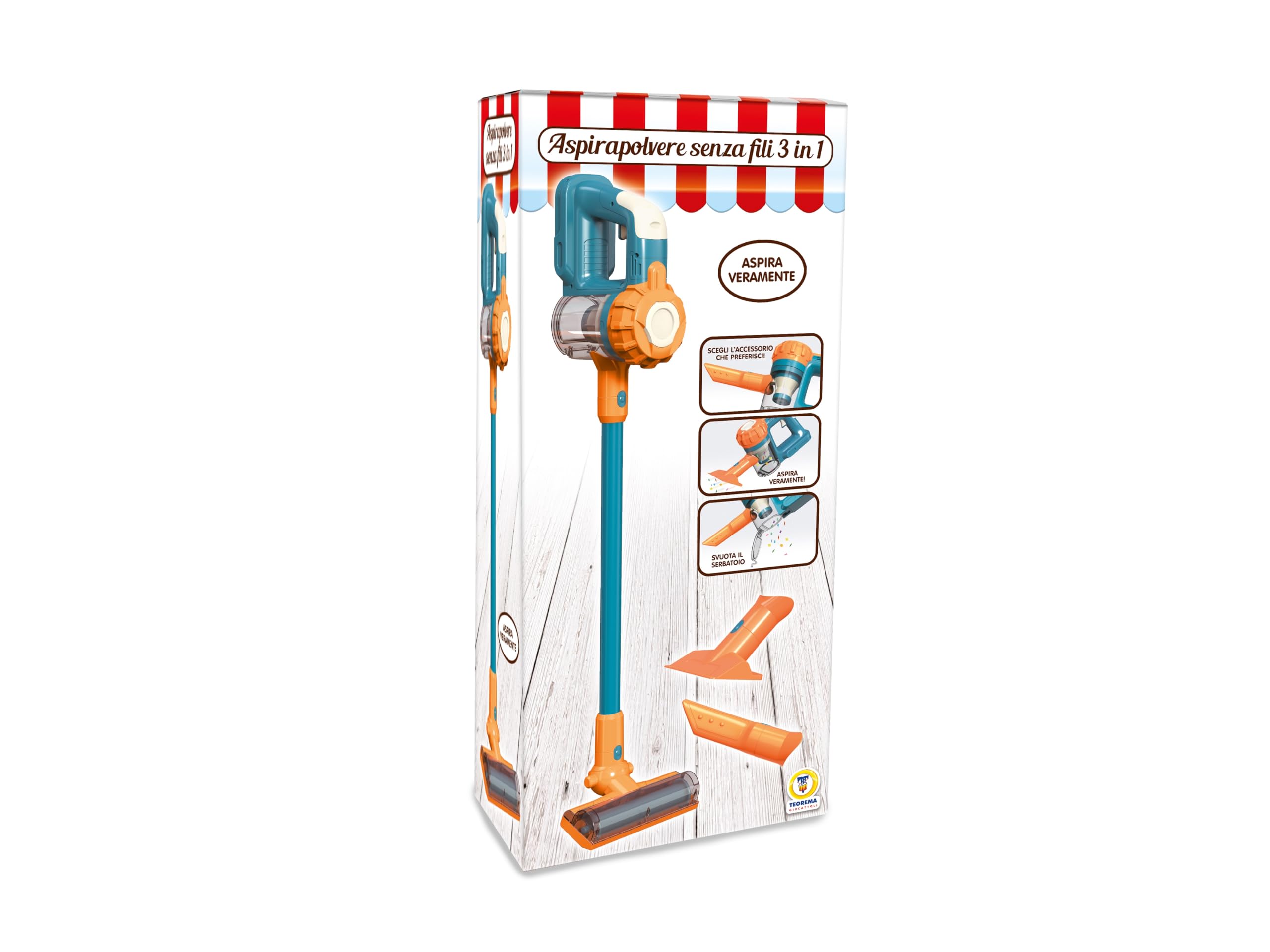 Teorema Giocattoli, Aspirateur Jouet pour Enfants fonctionnant avec Sons, 3 Accessoires interchangeables et conteneur ouvrable - Jeu éducatif à partir de 3 Ans, Aspirateur sans Fil 3 en 1