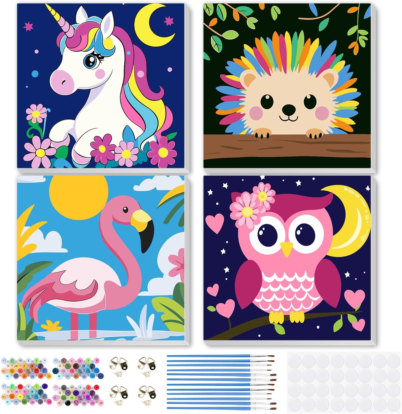 MEIYUDA Framed 4 Pack Animals Paint by Number Kit for Kids, Cute Animals Paint by Numbers for Kids Age 4-8-12, Children DIY Acrylic Oil Painting for Home Wall Decor Gift 8x8in