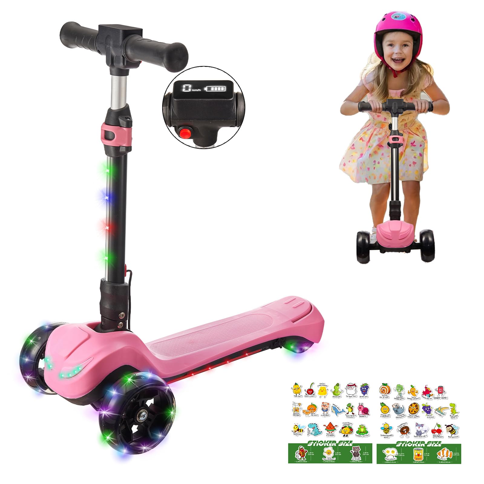 3 Wheel Electric Scooter for Kids Ages 3-8, LCD Display, Colorful Lights, Reliable Thumb Throttle, 3 Adjustable Height, 5Mph Safe Speed and Long Range, Foldable Kids Electric Scooter (Pink)