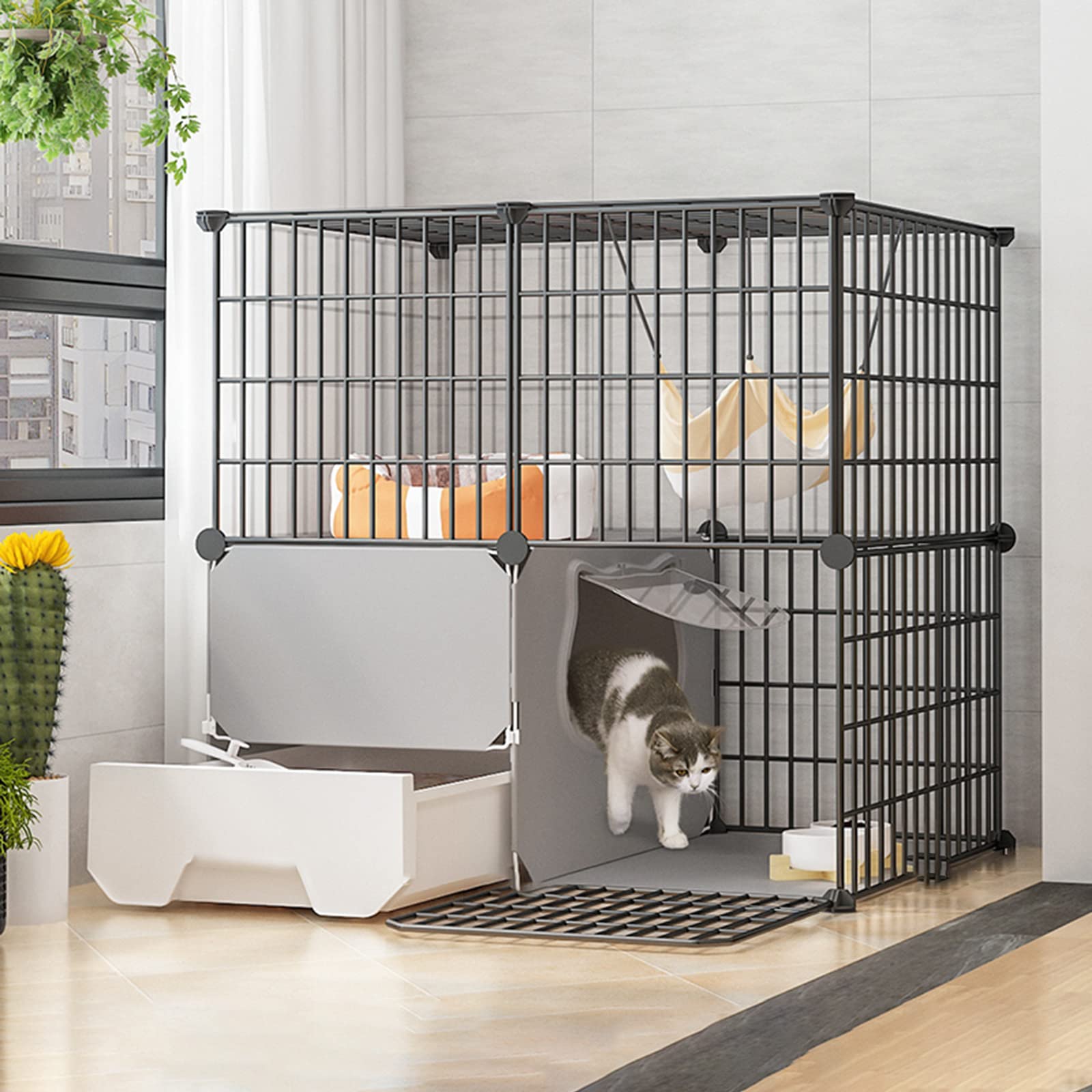 asdchZen Cages For Cats For Inside House,Cat Cage With Litter Box,Wire Cat Cage,Collapsible Cat Cage,Easy To Assemble - Black/Yellow,Black,B,75 * 49 * 73Cm