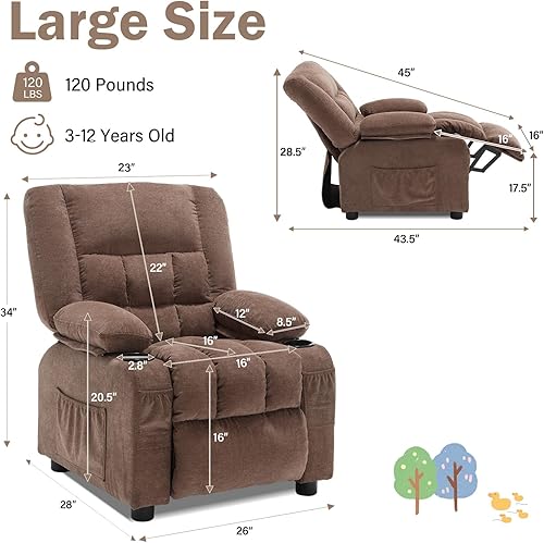 Miniatura 3 de BOSMILLER Silla reclinable para niños, sillón reclinable con respaldo para tazas y bolsillos laterales, reposapiés ajustable y reposacabezas para