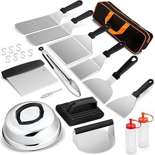 Leonyo Griddle Accessories Set of 14, Heavy Duty Stainless Steel Grill Griddle Metal Spatulas for Cast Iron Flat Top Teppanyaki Hibachi Cooking, Burger Press, Melting Domes, BBQ Tong, Carry Bag