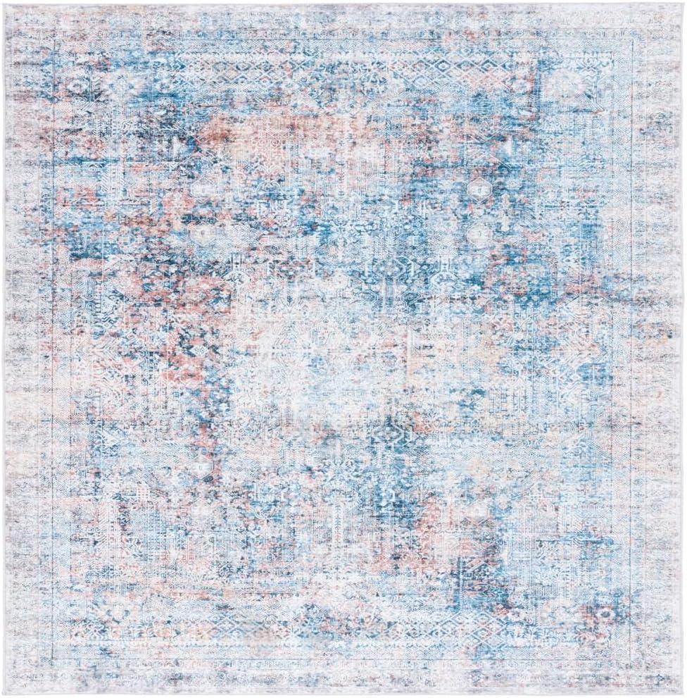 SAFAVIEH Washable Rug Santa Monica Collection - 3' x 5', Blue & Rust, Slip Resistant & Easy to Clean, Ideal for Foyer, Entryway, Kitchen, Bedroom (STM539M)
