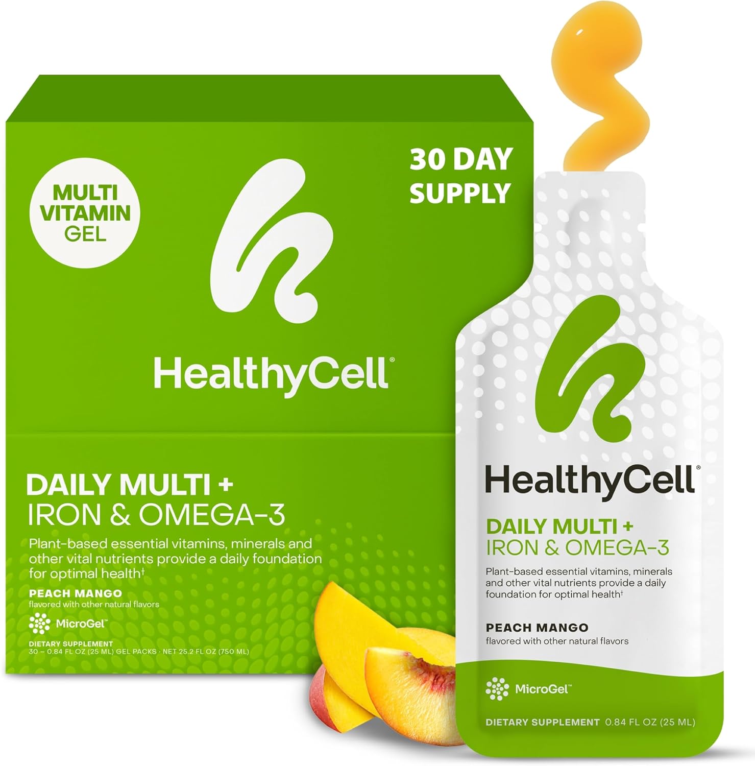 Healthycell Vegan Daily Multivitamin Liquid Supplement with Iron and Omega-3, 25+ Essential Vitamins, Minerals & Nutrients for Brain & Heart Health, Immune Support & Energy - 30 Gel Packs