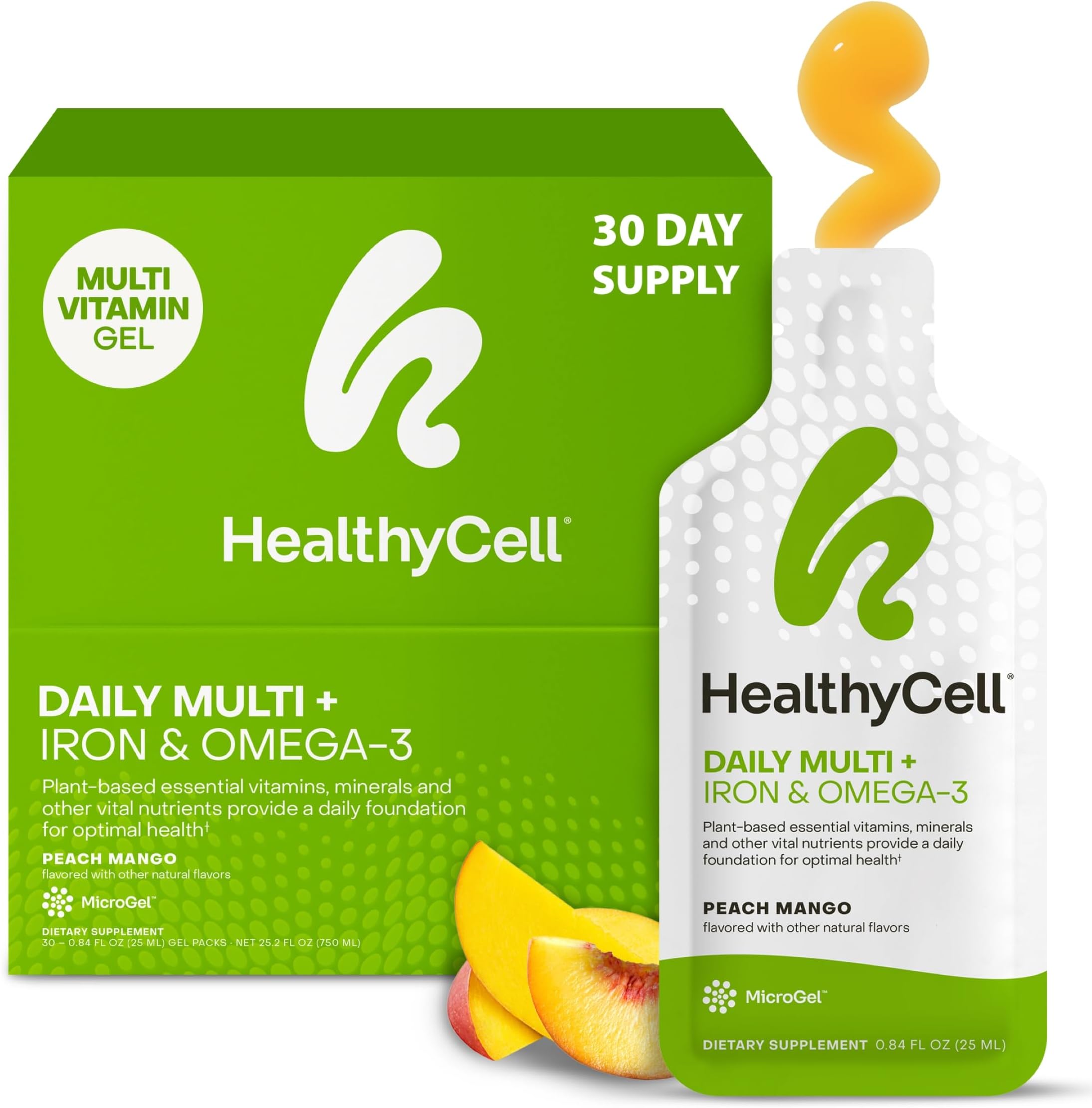 Healthycell Vegan Daily Multivitamin Liquid Supplement with Iron and Omega-3, 25+ Essential Vitamins, Minerals & Nutrients for Brain & Heart Health, Immune Support & Energy - 30 Gel Packs