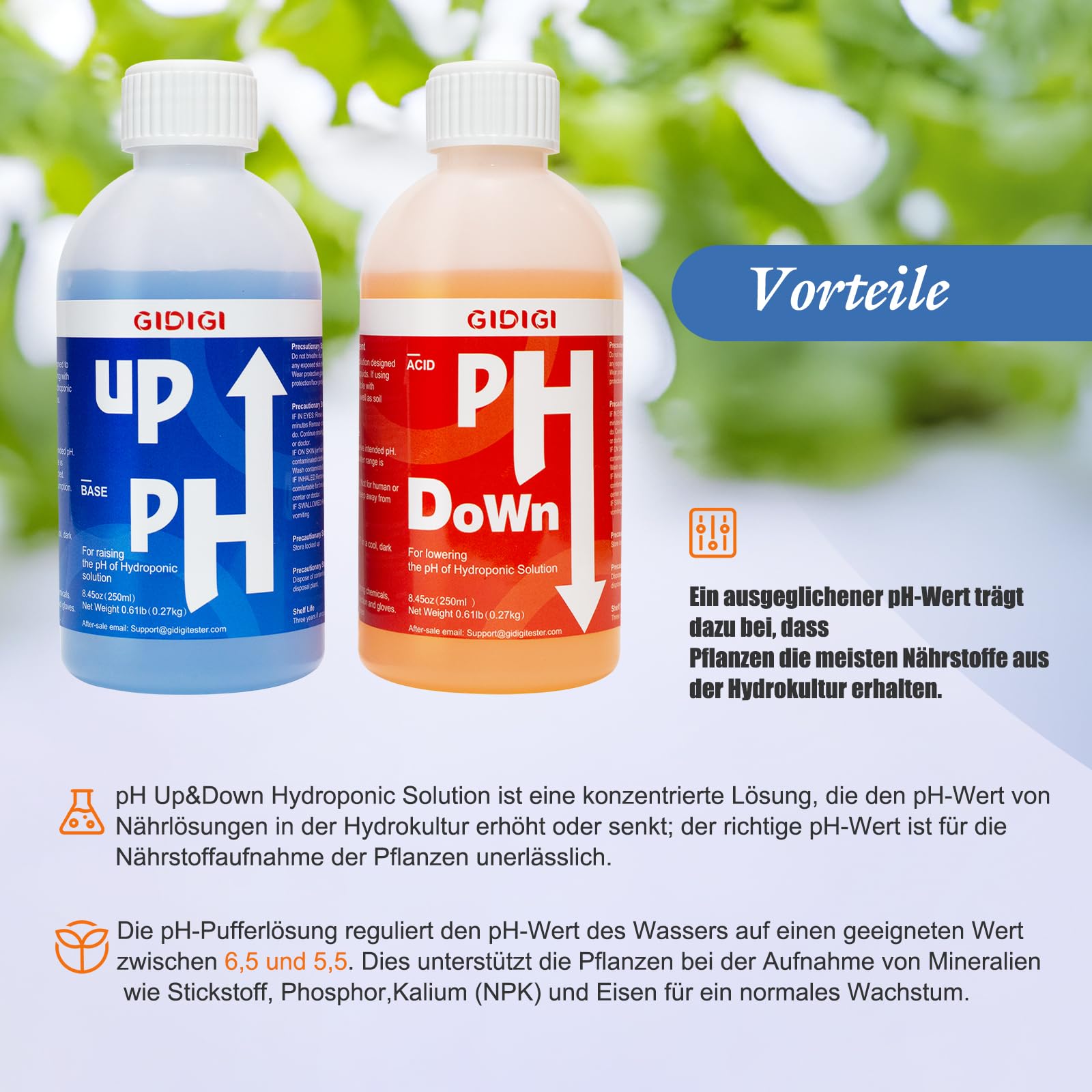 pH Regler Set pH Plus & Minus 2×250ml, pH Up & Down für Hydroponik Aquaponik Erde, Komplett Set mit Pipette Messbecher Teststreifen, pH Wert Einstellung 5,5–6,5