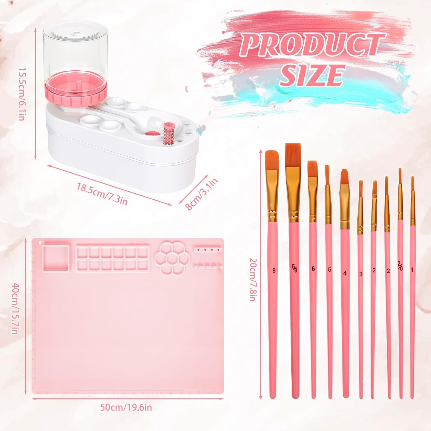 Painting Station, Paint Brush Cleaner (Pre-Assembled) and Silicone Painting Mat 20"X16" Silicone Art Mat with 10 Paint Brushes for Artist Kids Adults Birthday Gifts (Pink)