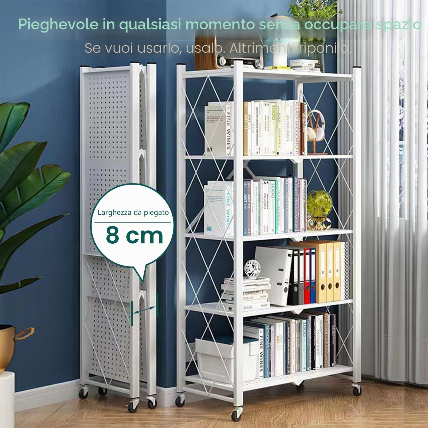 Scaffale pieghevole a 5 ripiani, scaffale in metallo con ruote, 100 kg, per cucina, bagno, soggiorno