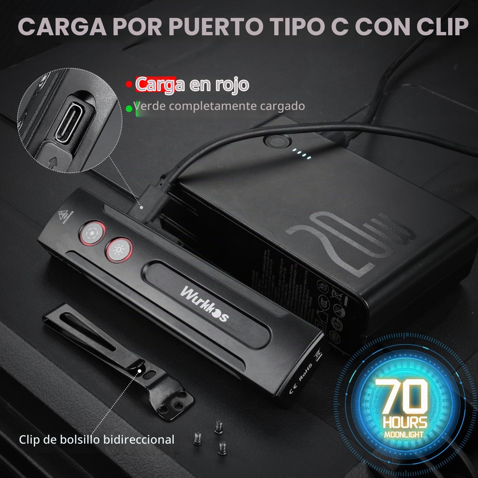 Wurkkos HD01 PRO Linterna LED Recargable Alta Potencia 1200 Lúmenes, Linterna LED/UV 2 en 1con Luz blanca Luz Verde, RGB, Mini Portátil Linterna Potente para Ciclismo, Camping, Montañismo, Emergencia