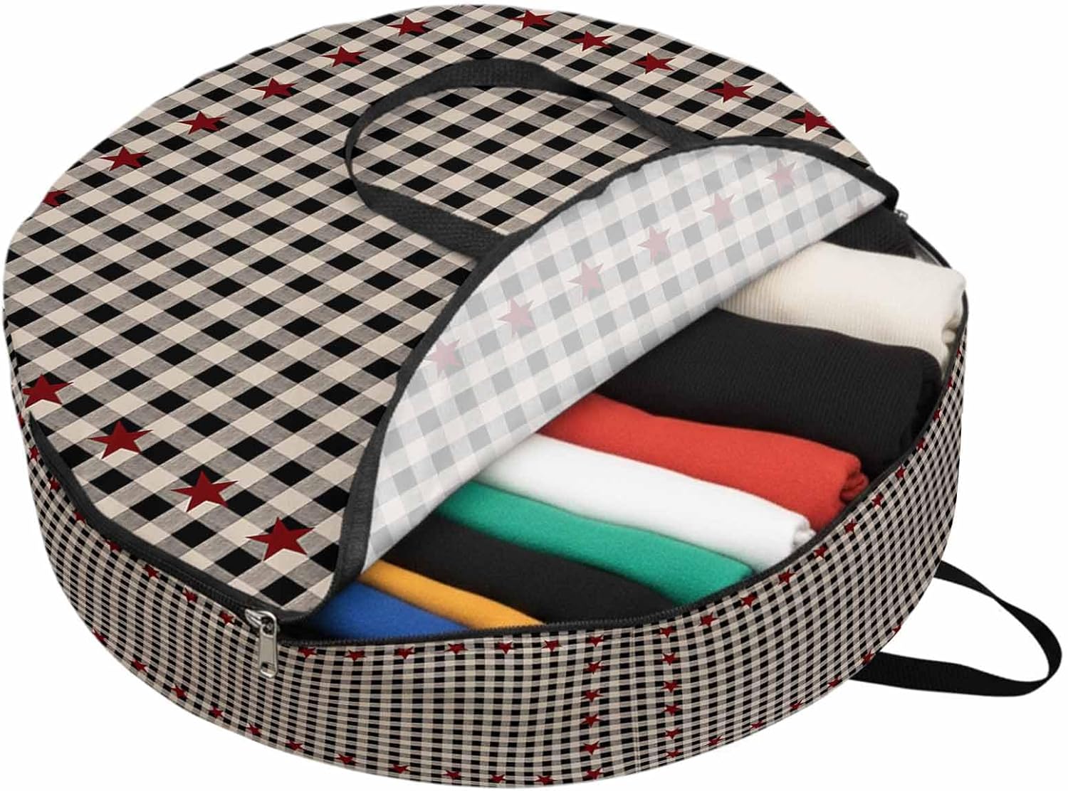 Country Star Round Storage Bag 36 Inch, Berry Black Buffalo Plaid Clothes Storage Container with Handles Heavy Duty Organizer for Comforter, Bedding & Holiday Wreaths