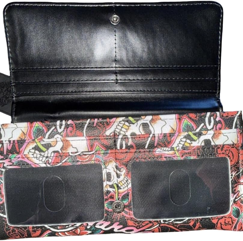 ED HARDY Skull & Rose Tattoo Print Flap Wallet Rhinestones