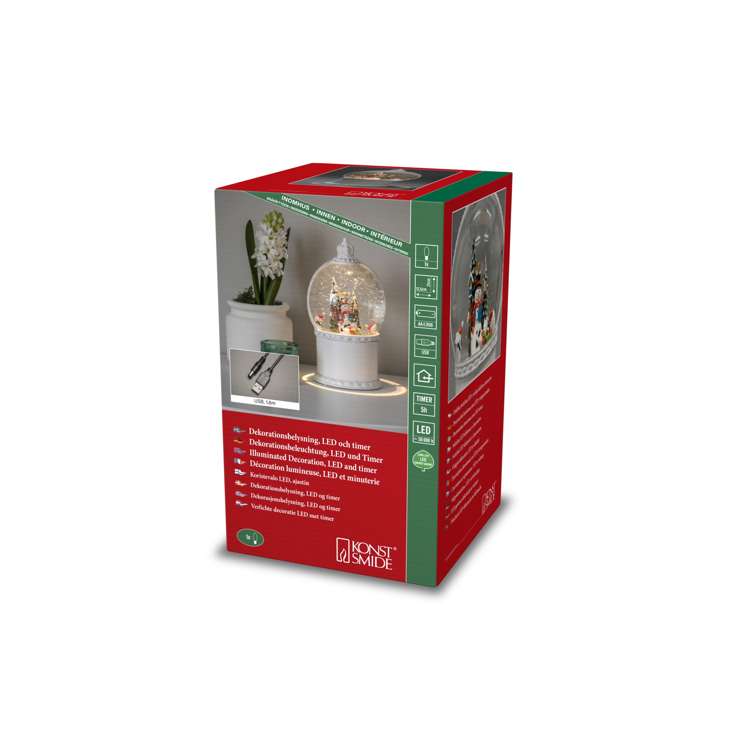 Konstsmide LED Kugellaterne, "Schneemann mit Baum", weiß, wassergefüllt, wählbare Energiefunktion, mit 5h Timer, 1 warm weiße Diode, batteriebetrieben & USB, Innen, 3 x AA 1.5V (exkl.) - 4302-200