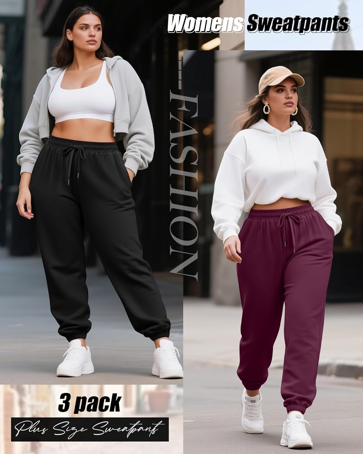 Evervibe 3 Pack Women's Plus Size Joggers, Drawstring Loose Fit Sweatpants Comfy Casual Lounge Pants with Pockets
