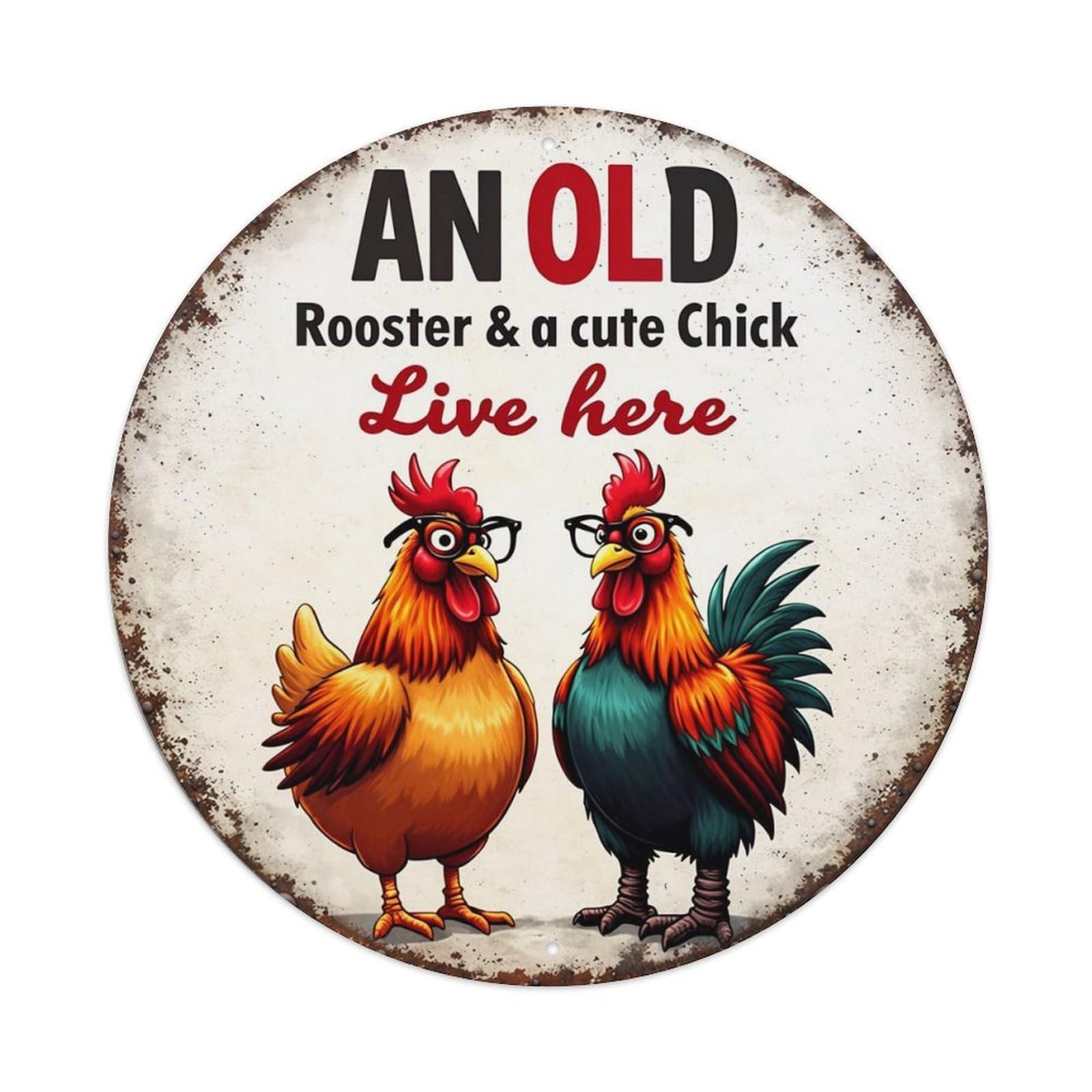Rooster Chick Glasses Rustic Sign Retro Metal Sign Round Tin Sign, Vintage Decor Art Poster for Bar, Home, Man Cave, Kitchen, Laundry Room Gift 8x8Inch