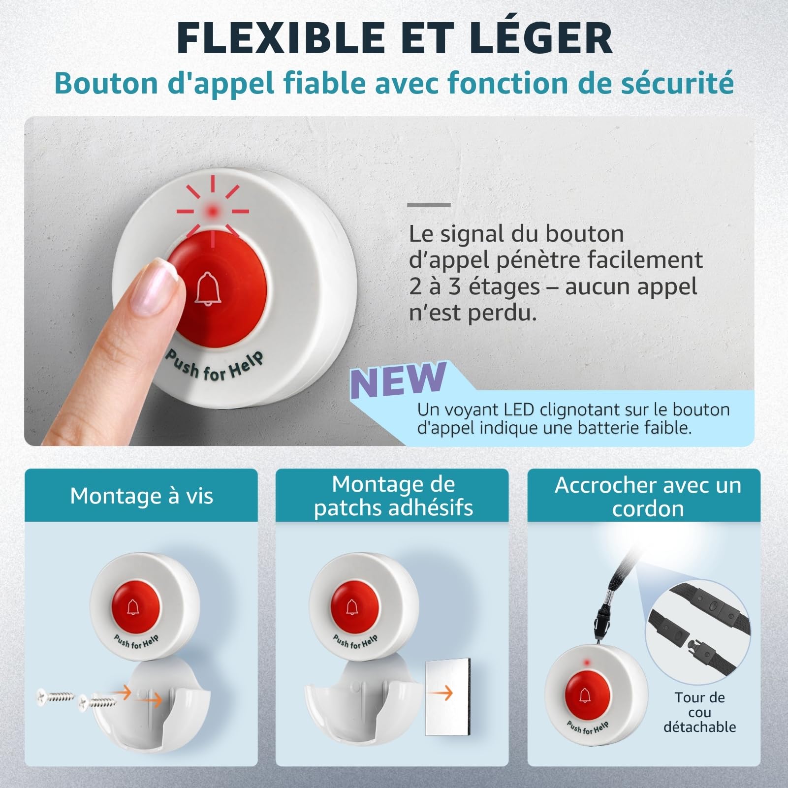 Bip aidant avec 4 Boutons d’Appel sans Fil système d’Alerte SOS Portable Alarme lit prévention des Chutes pour Personnes âgées Seniors Patients Soins à Domicile Appel infirmière
