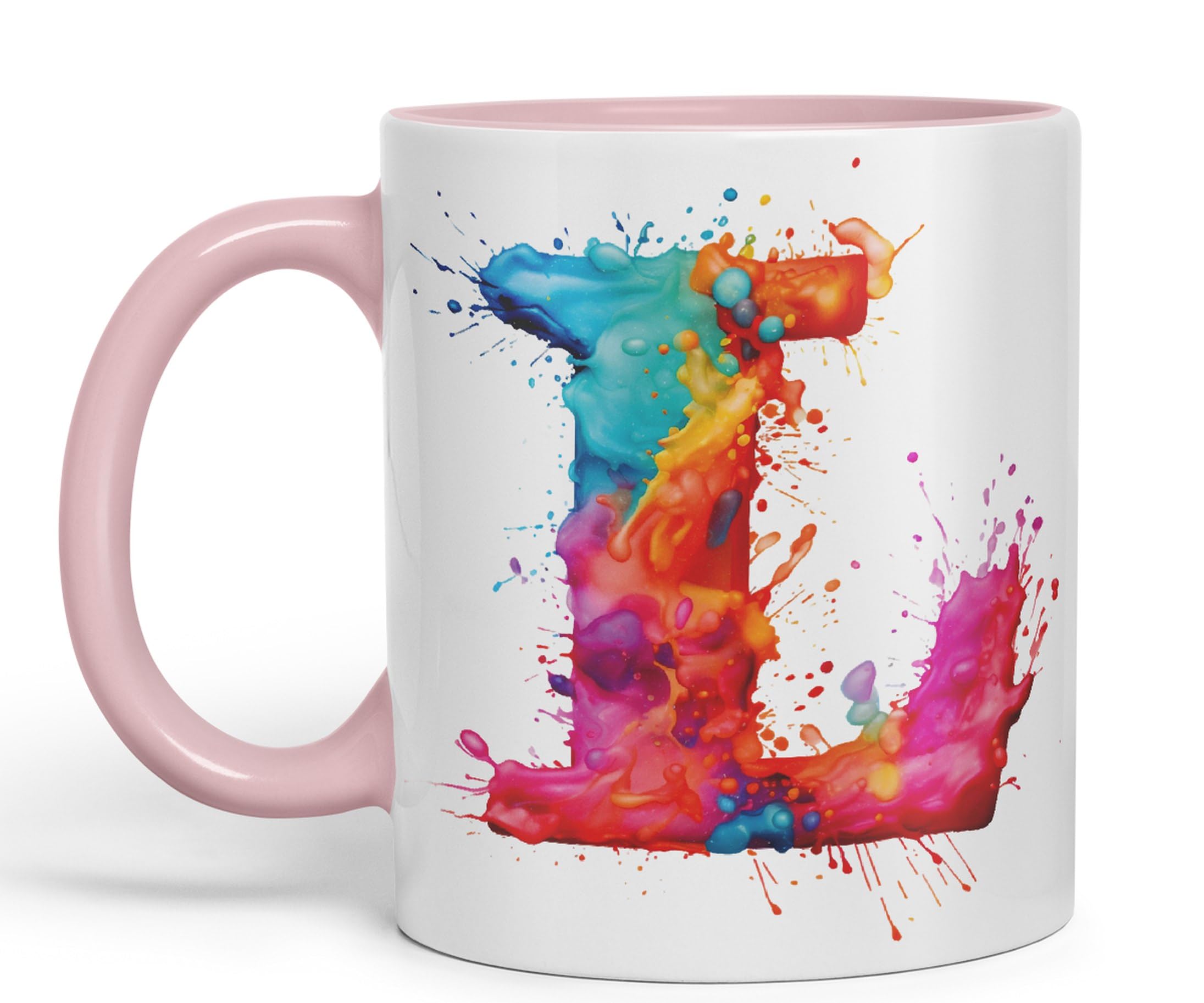 Vixar Letter L Mug, Alphabet Letter L Monogram Watercolour Ceramic Coloured Mug Cup for Tea Coffee Hot Brew 330ml 11Oz Gift (Pink)
