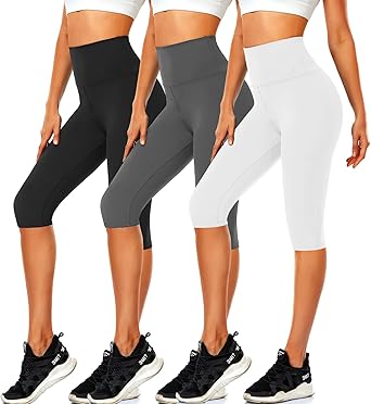 CTHH 3 Pack Capri Pants with Pockets - High Waisted Knee Length Yoga Leggings, Workout Biker Shorts for Women Running Summer