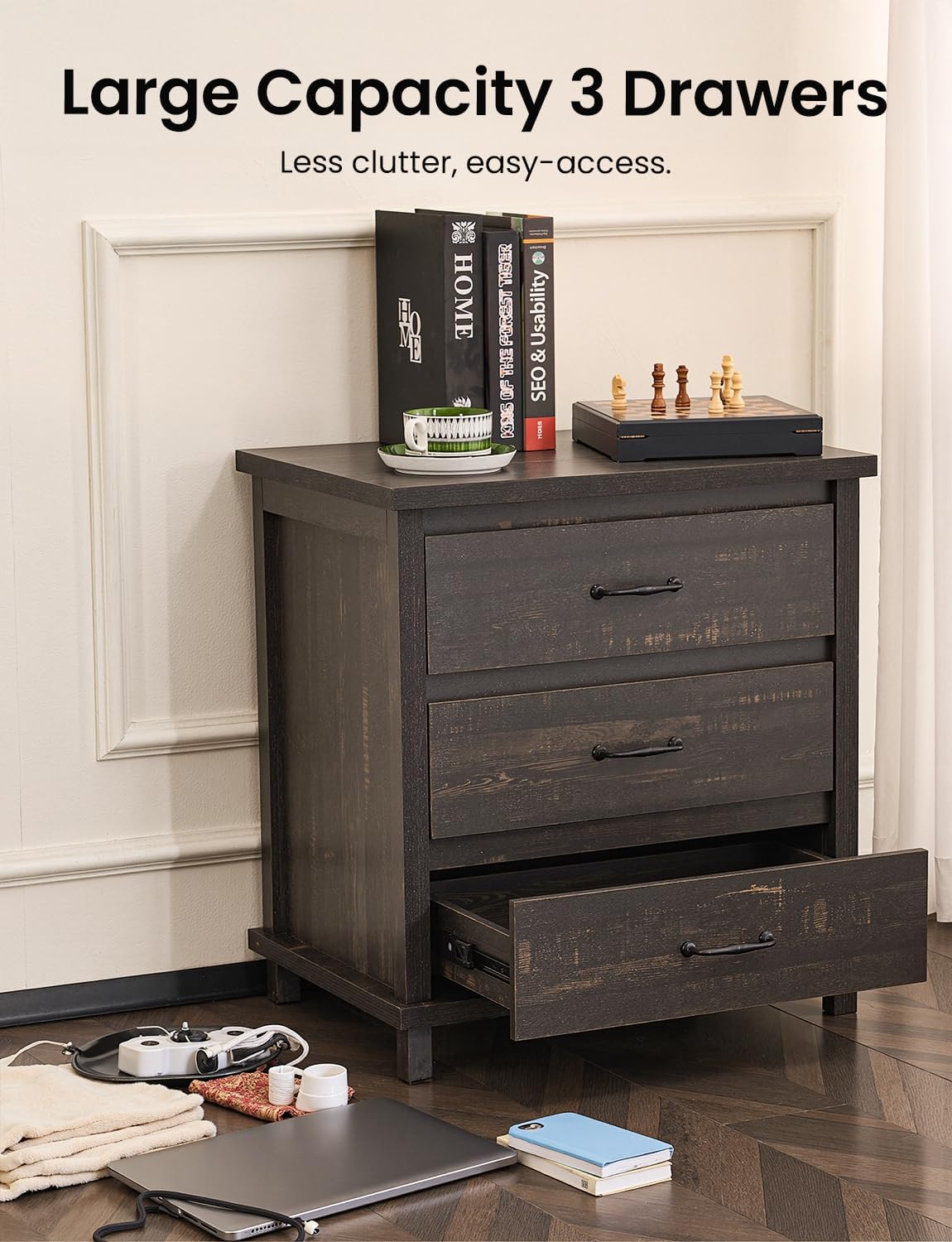 Black Nightstand Set of 2, High Dresser for Bedroom with 3 Drawers, Bedside Table Night Stand End Table with Natural Unique Wood Grains for Bedroom, Closet, Entryway, Small Space