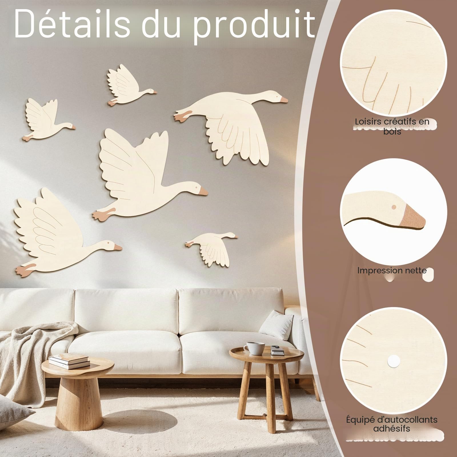 6 Pièces Décorations Muraux pour Chambre d'Enfant Cygne, Sticker Mural Enfants Bebe, Ensemble DIY Bois avec Adhésifs Forts, Déco Murale Boho, Tatouage Mural Enfant