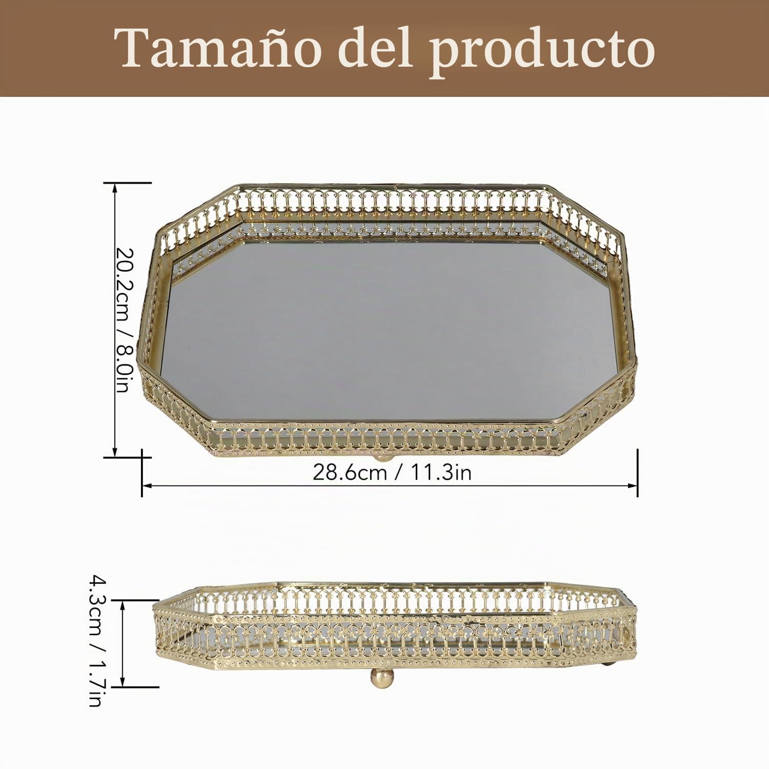 Bandeja Decorativa con Espejo de Dorado, Geométrica Plato Decorativo para Servir Organizador de Perfume de Maquillaje para Tocador, Encimera de Baño