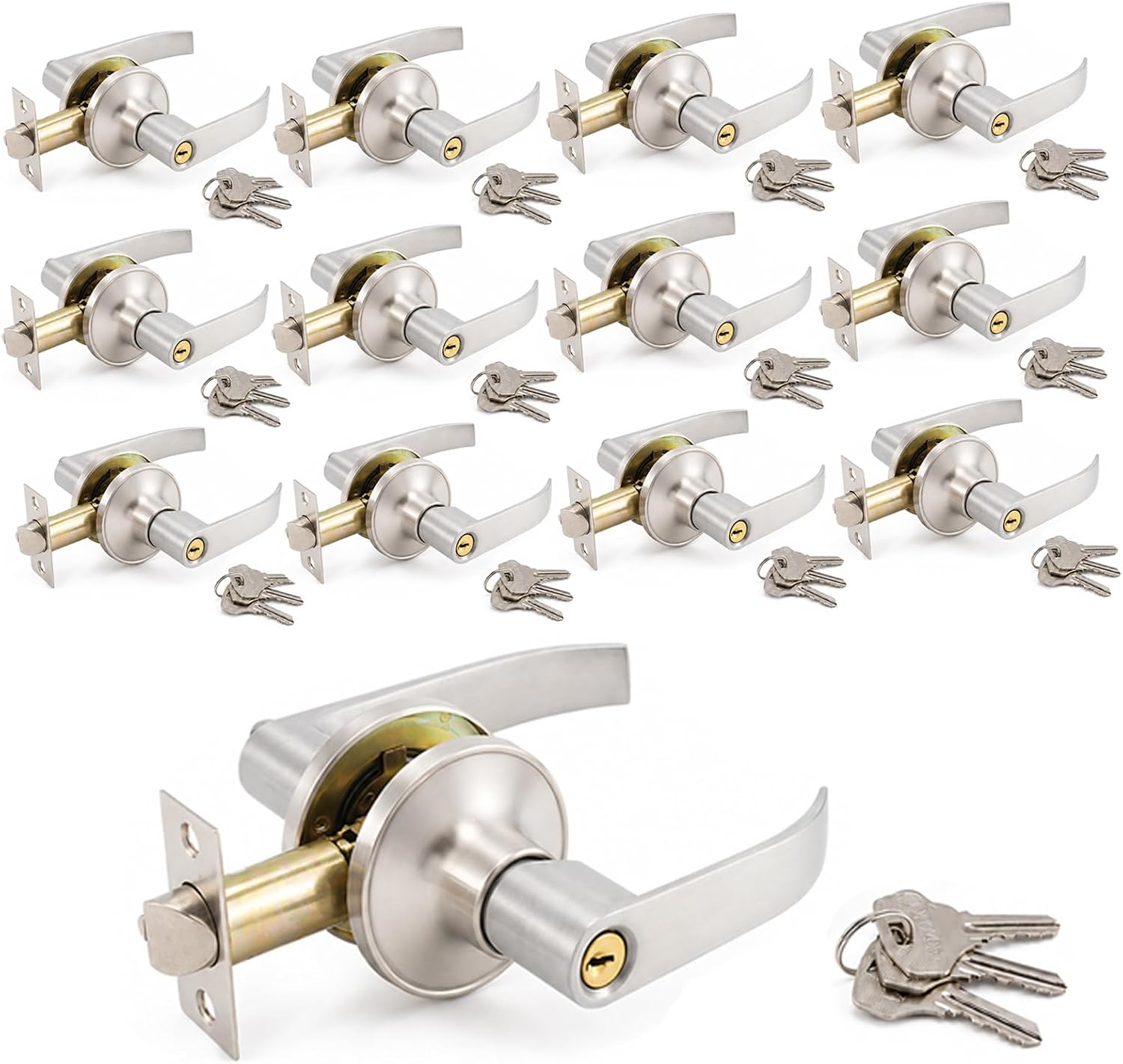 12 Pack Satin Silver Keyed Entry Door Lever Handles with 3 Keys, Interior Exterior Door Locks, Heavy Duty Reversible Door Handle Locksets for Bedroom, Office, Storage Room, Fits 35-45mm Doors