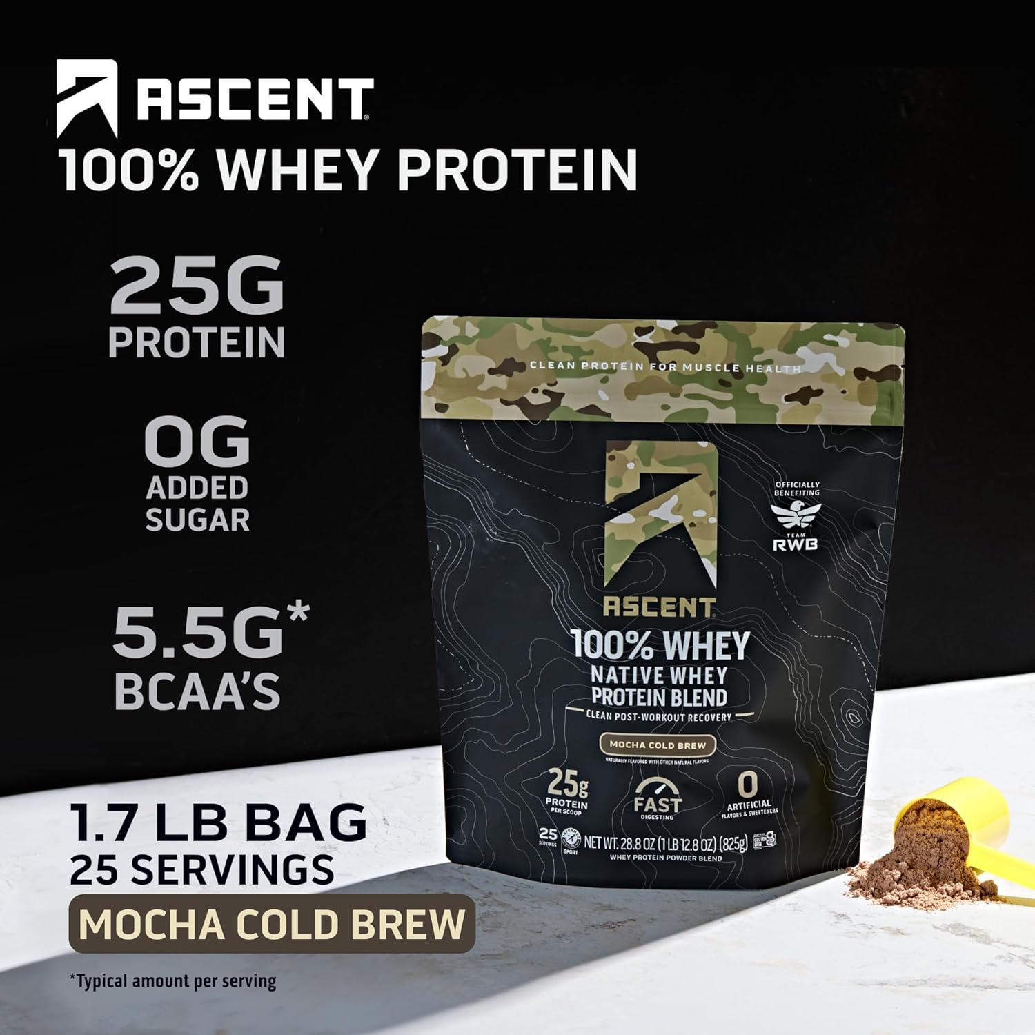 Ascent 100% Whey Protein Powder - Post Workout Whey Protein Isolate, Zero Artificial Flavors & Sweeteners, Gluten Free, 5.5g BCAA, 2.6g Leucine, Military Exclusive, Mocha Cold Brew 1.7 lb - Image 2
