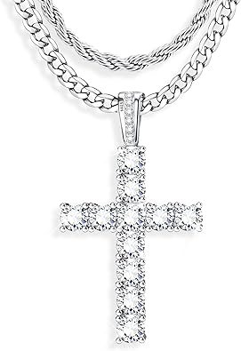 925 Sterling Silver Cross Necklace Men - CZ Cross Pendant Layered Necklaces Waterproof Stainless Steel Link Rope Chain Silver Necklace Stack Jewelry with Gift Box 16-30 Inches