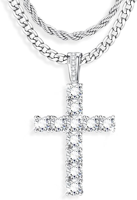 925 Sterling Silver Cross Necklace Men - CZ Cross Pendant Layered Necklaces Waterproof Stainless Steel Link Rope Chain Silver Necklace Stack Jewelry with Gift Box 16-30 Inches