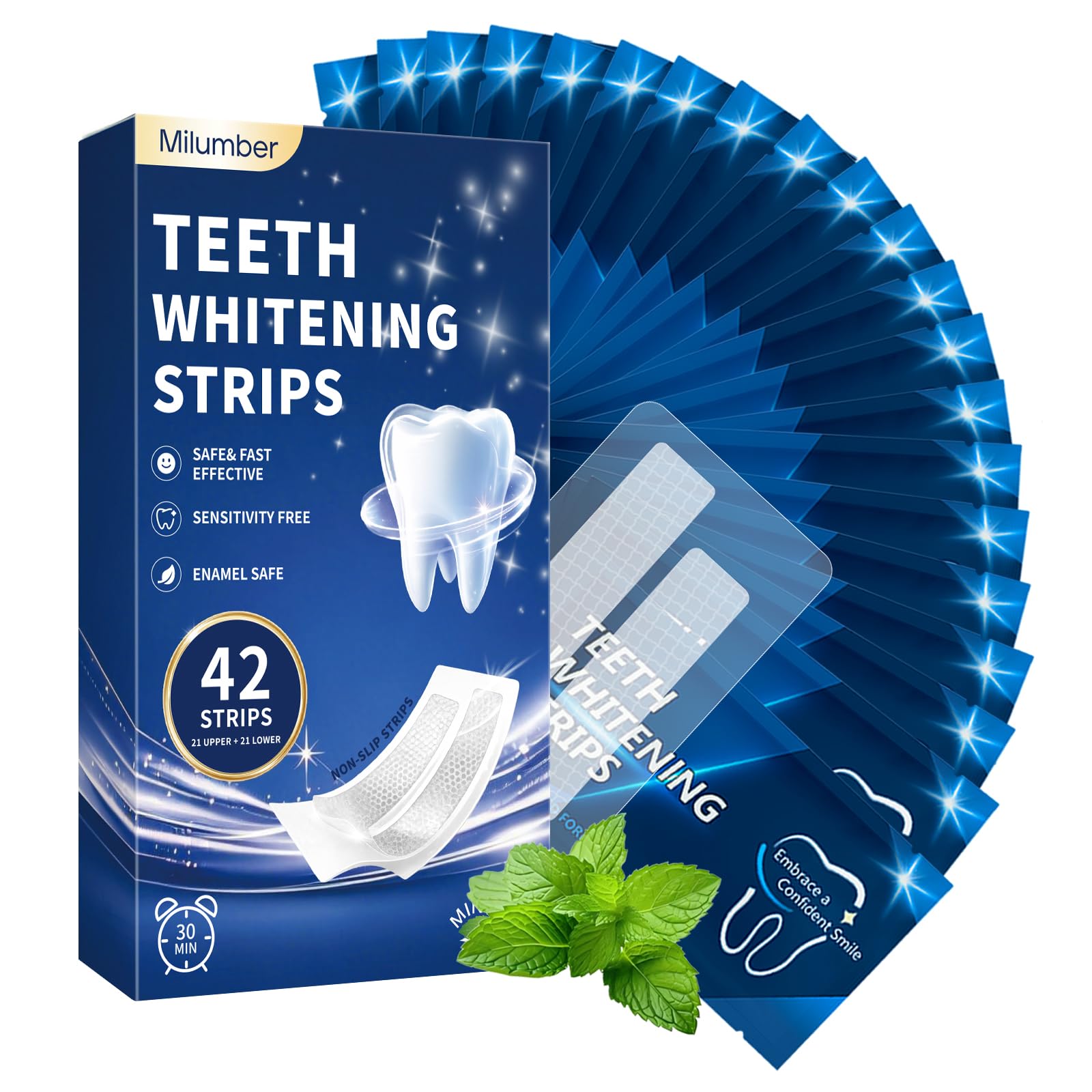 Milumber Teeth Whitening Strips for Sensitive, 42 Strips(21 Uses), Mint