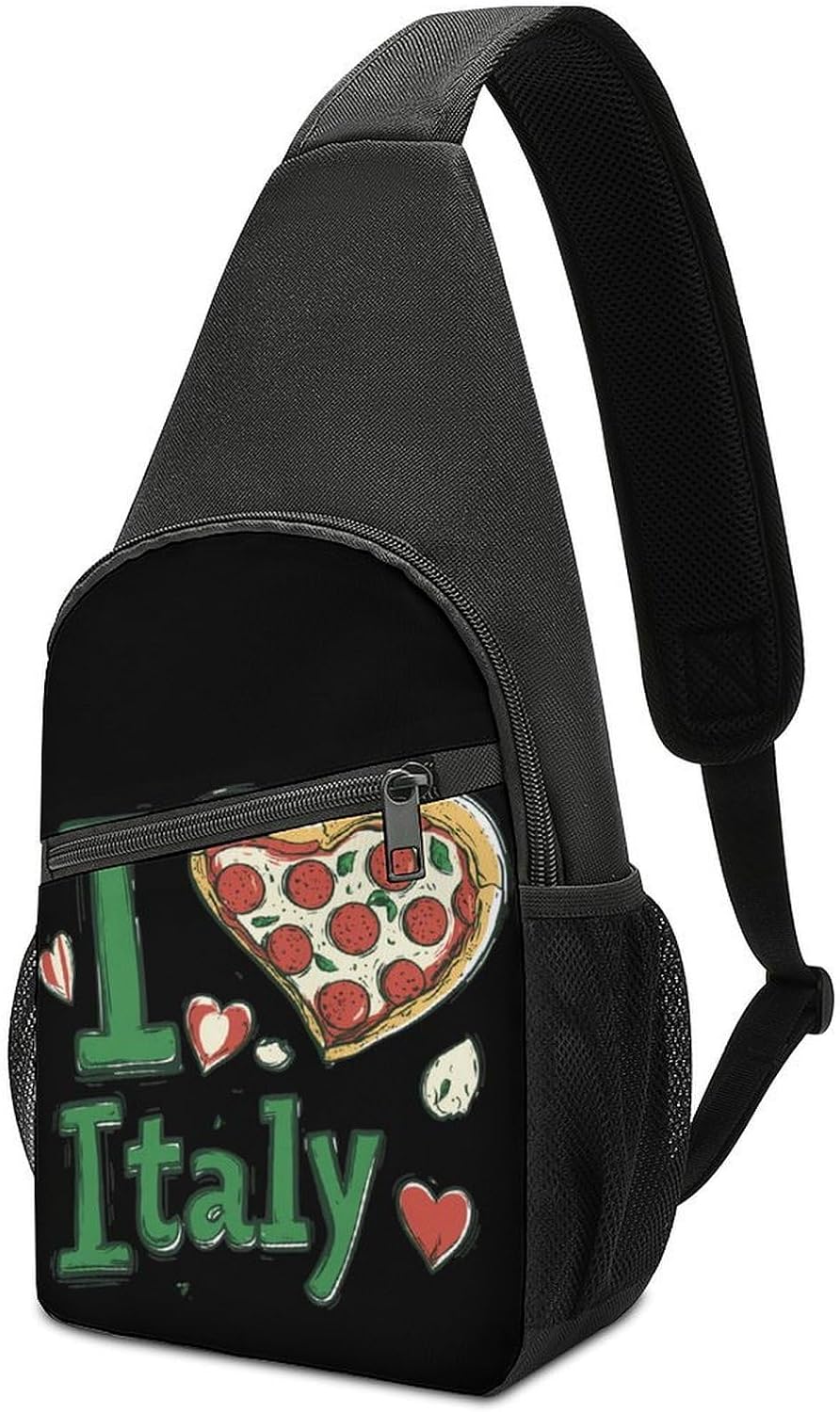 Italian Pizza I Love Italy Crossbody Sling Backpack Chest Bag Daypack | unisex,trendy,with convertible and detachable shoulder strap,side pockets