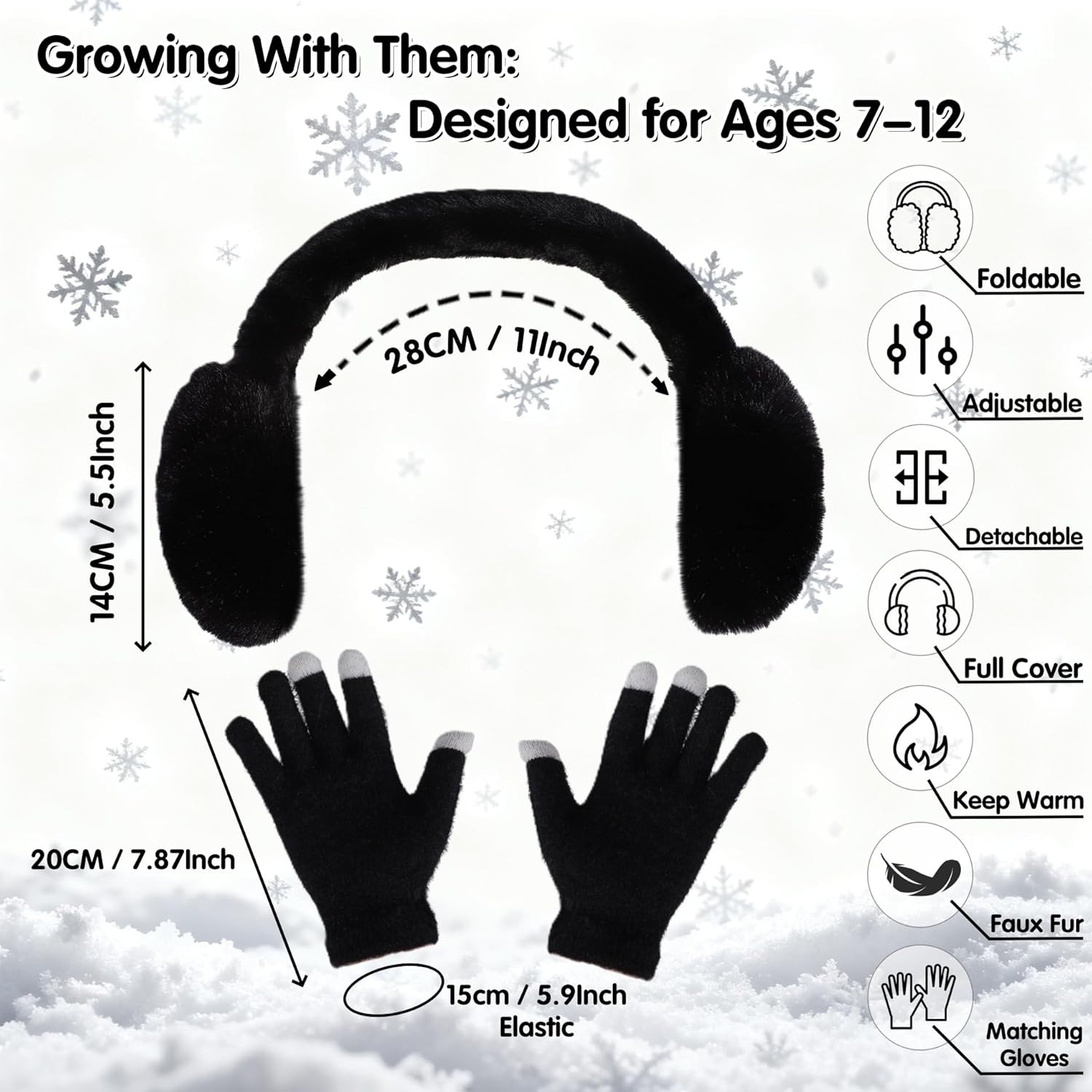 BEARAE Winter Ear Muffs Gloves Set, Fuax Fur Earmuffs with Glove, Foldable Fluffy Ear Warmer Muff for 7-12T Kids Girls Boys - Image 2