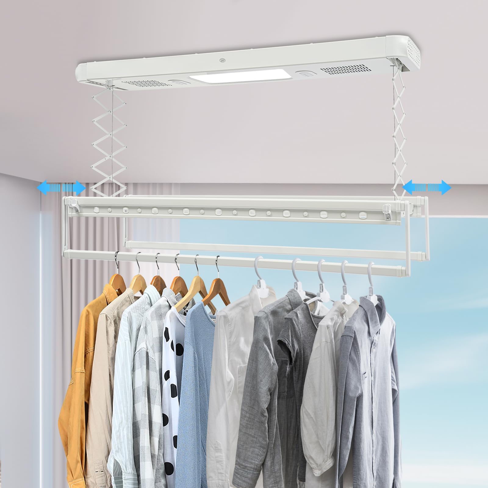 Séchoir à linge électrique de plafond avec télécommande - Lumière LED - 130-215 cm - Télescopique - Charge maximale : 35 kg - Avec ventilateur - Barre télescopique stérilisable - 220 V