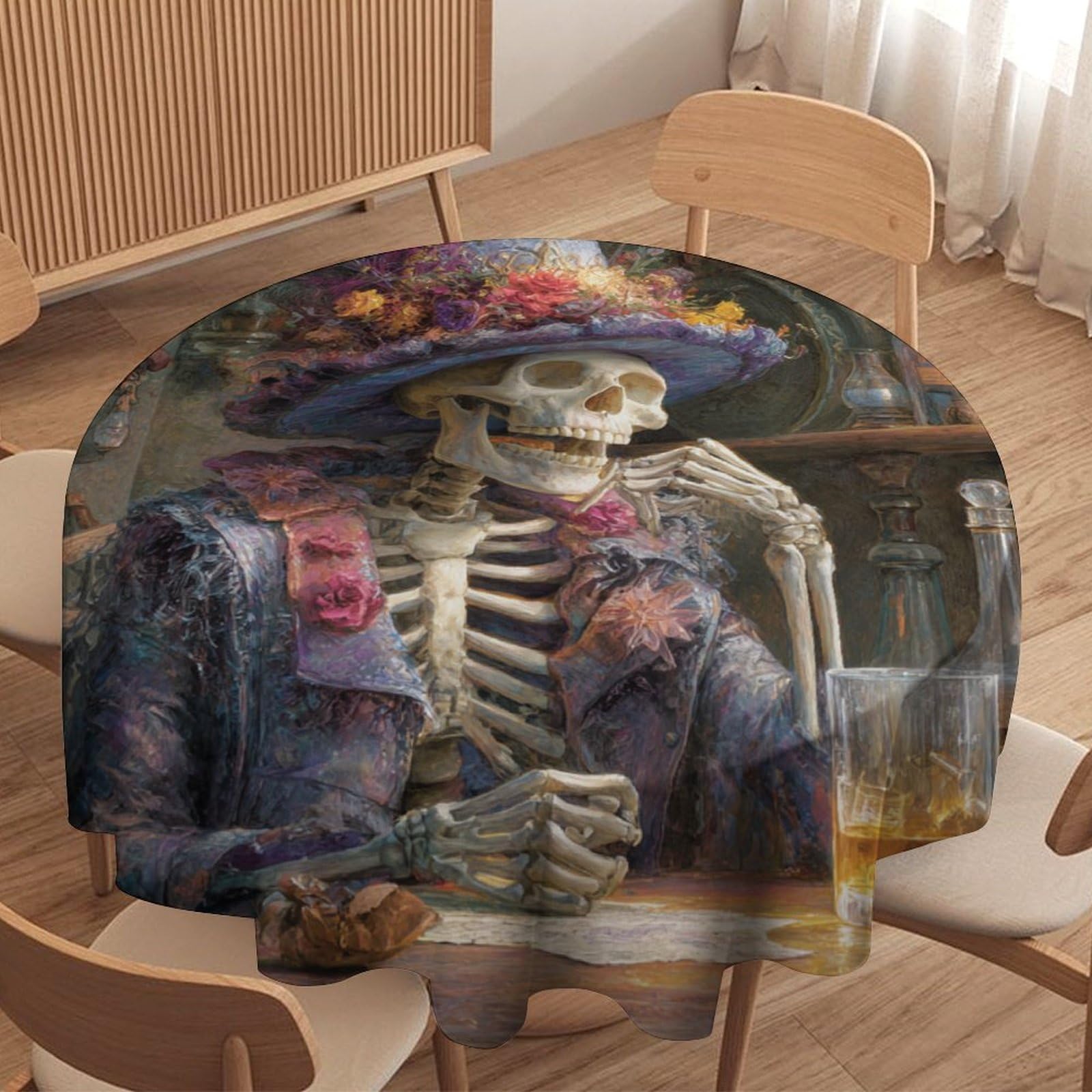 LUYYSKY Abstract Watercolor Gothic Skull Waterproof Round Tablecloth Modern Aesthetic Halloween Skull Skeleton Bar Pattern Washable Table Cover for Kitchen-91.4" Wx91.4 L cm