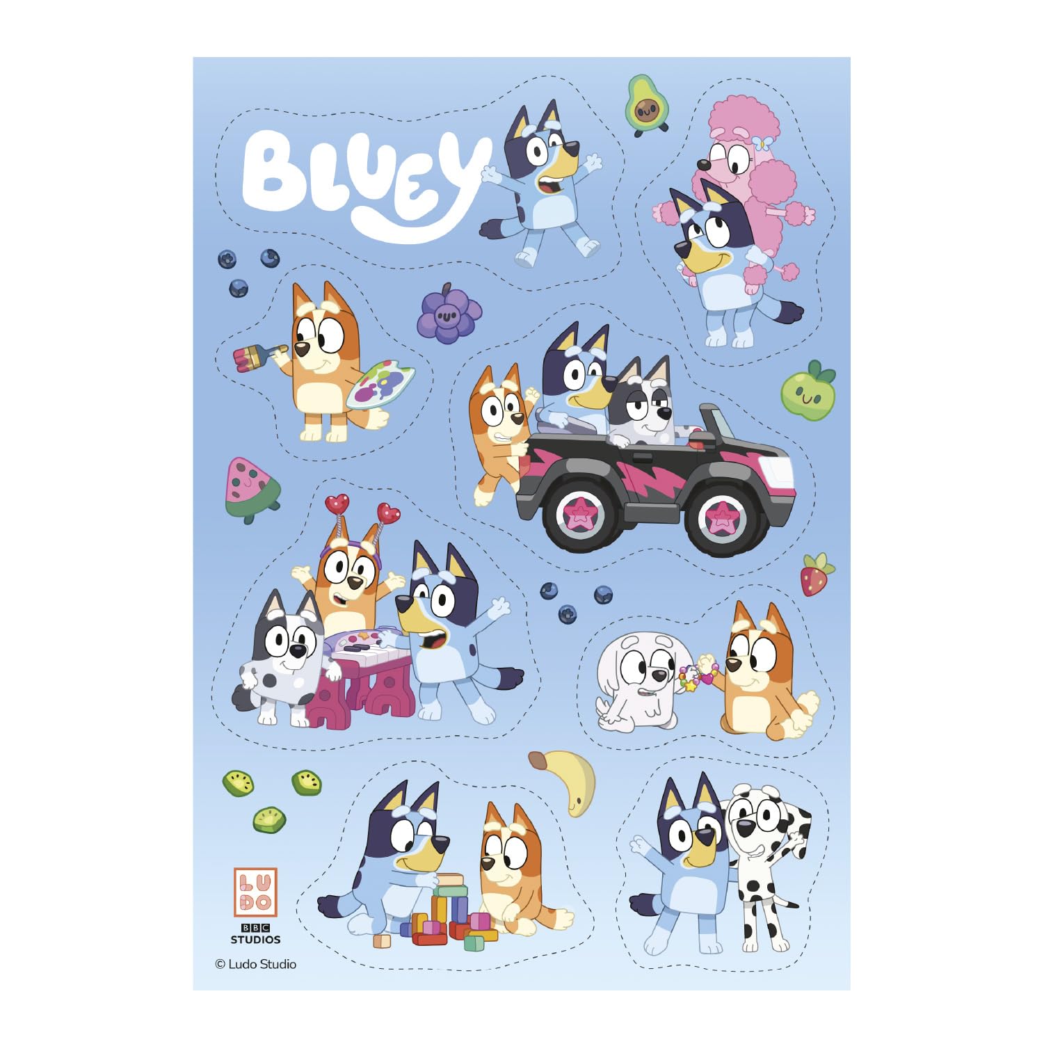 dekora – Bluey Edible Cake Decoration, A5 Edible Paper Cut-Out Sheet with 8 Designs, Bluey Birthday Decorations with Bingo for Cakes and Cupcakes, Gluten Free, Lactose Free, Suitable for Vegetarians