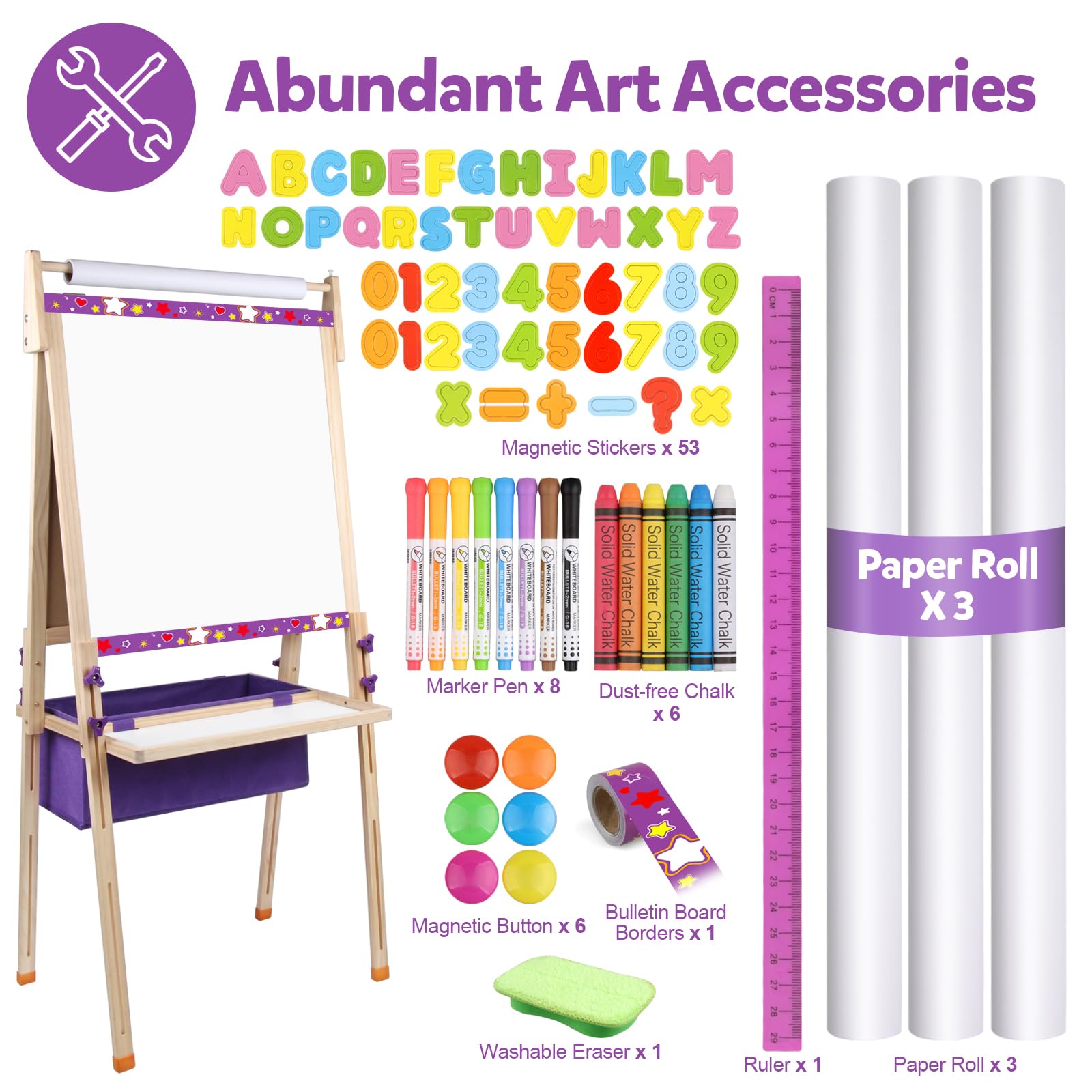 Caballete de arte para niños, pizarra blanca magnética y pizarra con 3 rollos de papel, soporte ajustable de doble cara para aula de 3 a 6 años, 7 a 10 y 11 a 12 años, regalos de cesta de 7