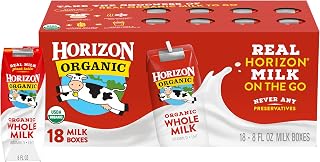 Horizon Organic Shelf Stable Whole Milk Boxes, 8oz 18 Pack - USDA Organic, 8g Protein, No Refrigeration, Lunchbox Ready