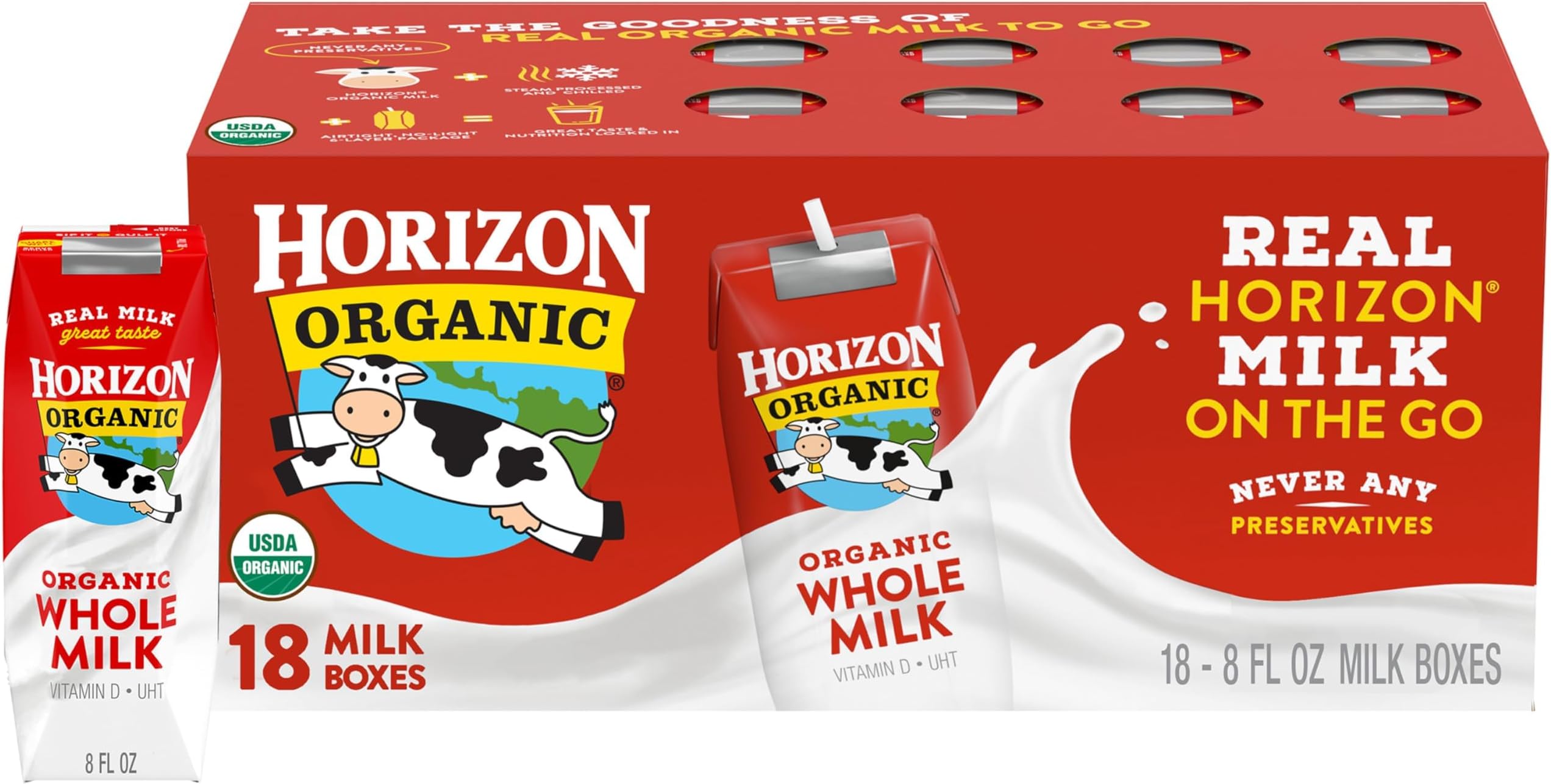 Horizon Organic Shelf Stable Whole Milk Boxes, 8 fl oz, 18 Count - 8g Protein per Serving, USDA Organic UHT from Pasture-Raised Cows, Ready to Drink for Lunchbox, Travel, or On-the-Go, No Refrigeration Needed