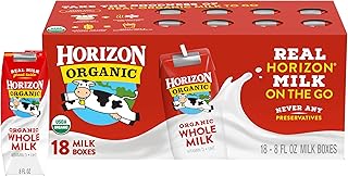 Horizon Organic Shelf Stable Whole Milk Boxes, 8 fl oz, 18 Count - 8g Protein per Serving, USDA Organic UHT from Pasture-Raised Cows, Ready to Drink for Lunchbox, Travel, or On-the-Go, No Refrigeration Needed