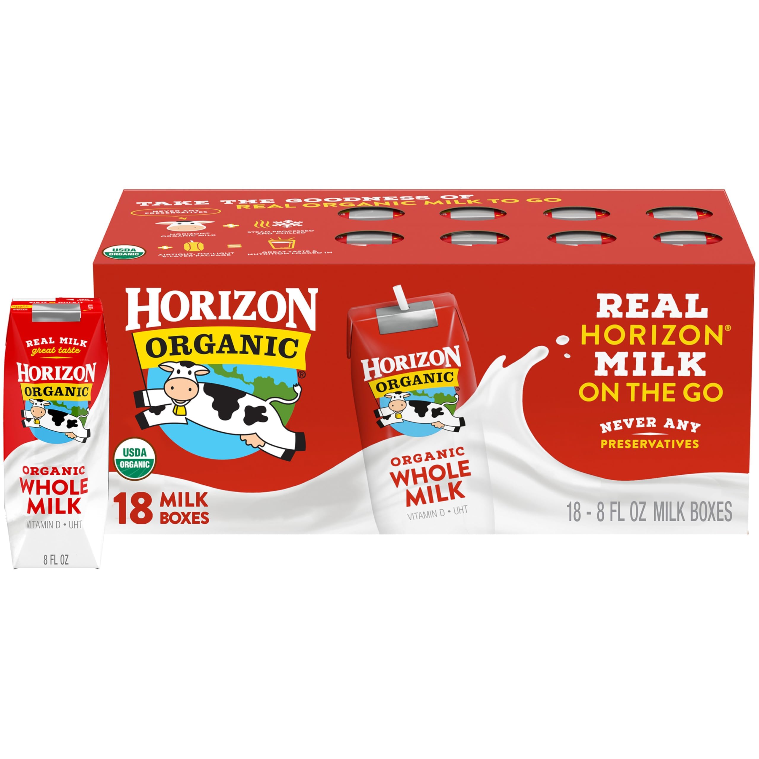 Shelf Stable Whole Milk Boxes, 8 fl oz, 18 Count - 8g Protein per Serving, USDA Organic, Ready to Drink for Lunchbox, Travel, or On-the-Go, No Refrigeration Needed