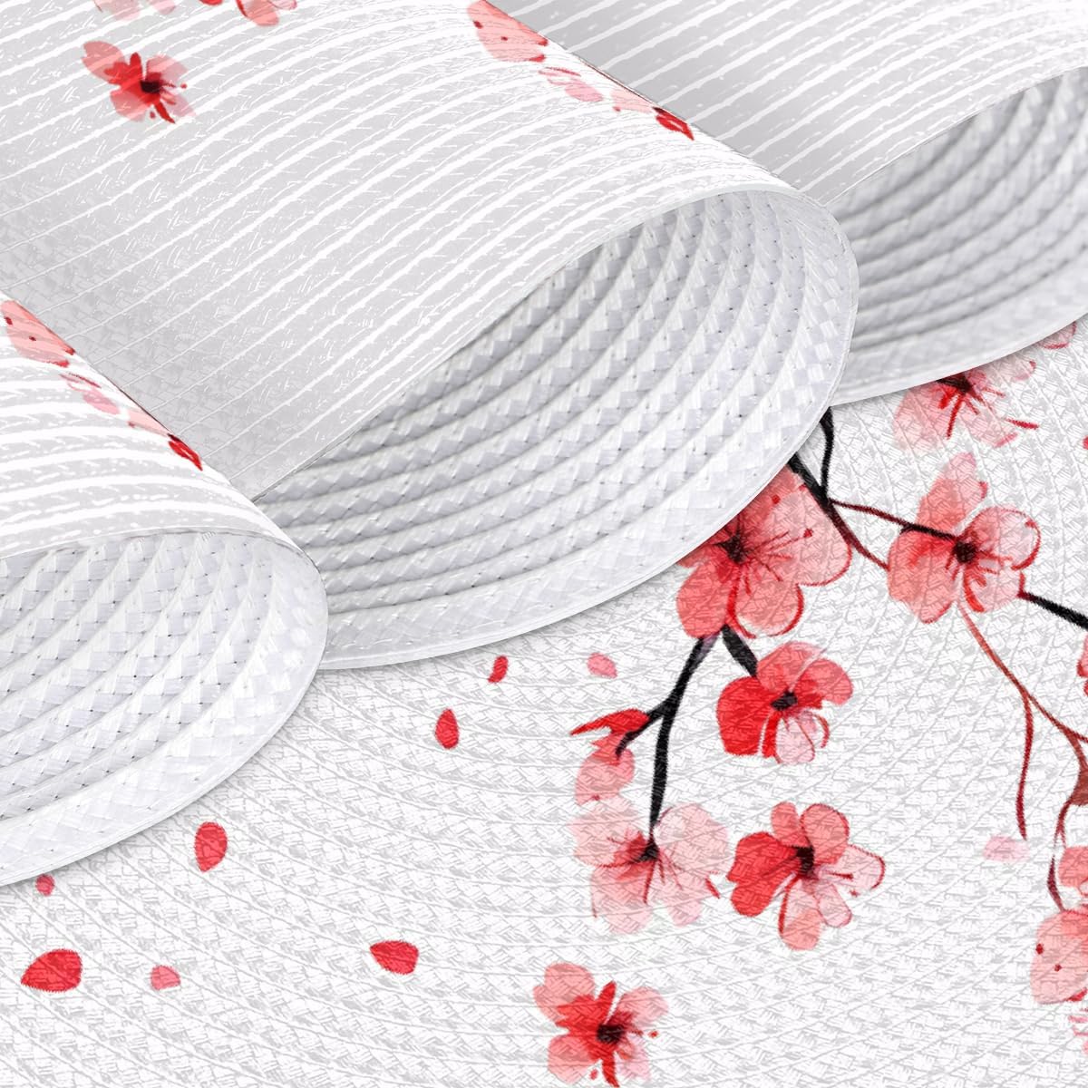 Round Woven Placemats Set of 4, Cherry Blossom Braided Place Mat 15 Inch Japanese Cherry Blossom Heat Resistant Washable Table Mats for Dining Tables Kitchen Party Decor