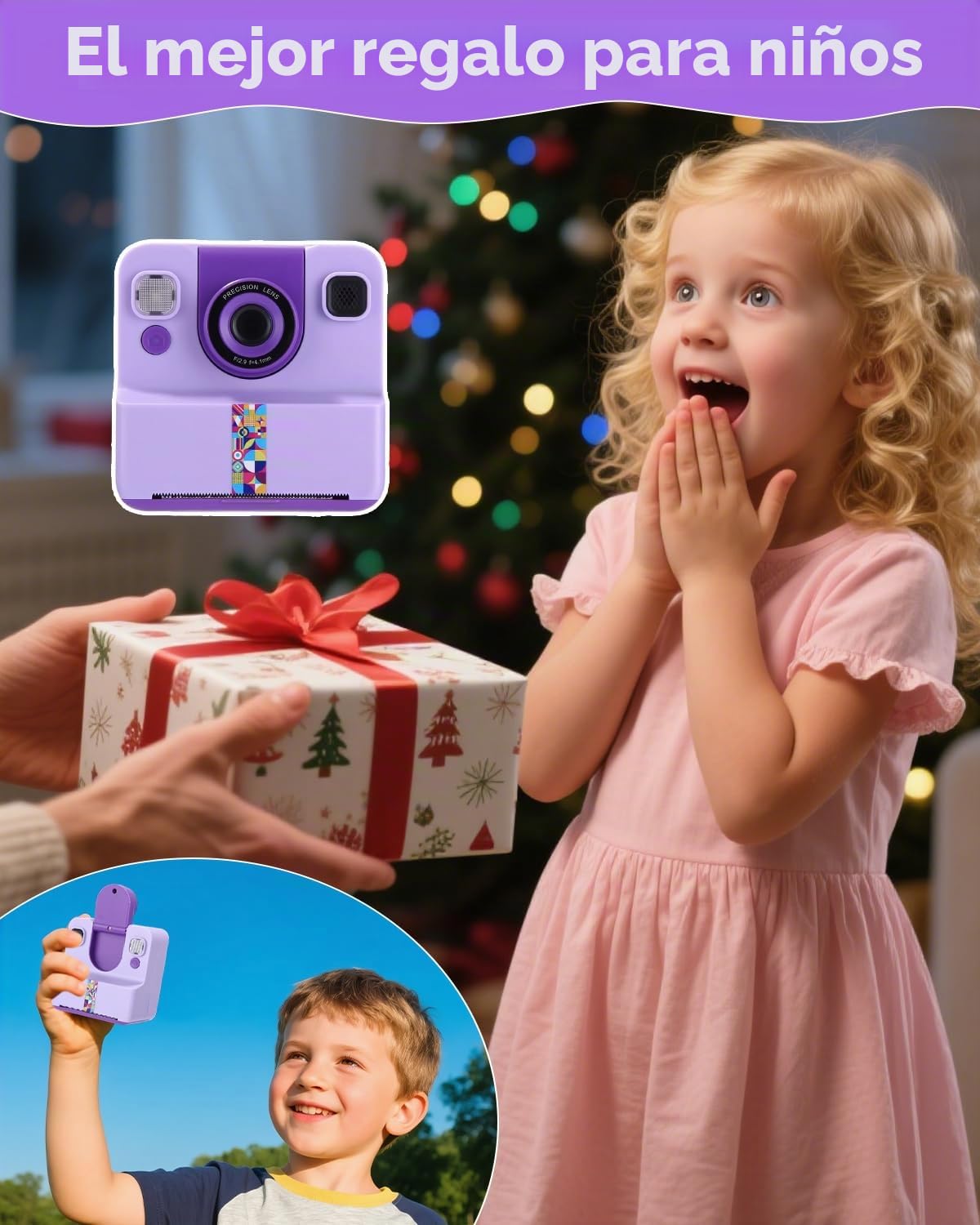 Cámara instantánea para niños, 1080P HD, cámara instantánea con impresión instantánea, tarjeta SD de 32 GB y 5 rollos de papel fotográfico, regalo para niñas y niños a partir de 3 – 12 años
